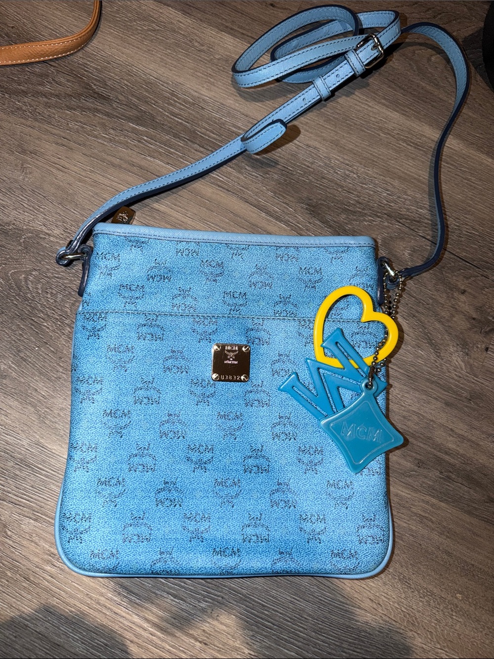 MCM Visetos Light Blue Crossbody with authentic MCM CHARM